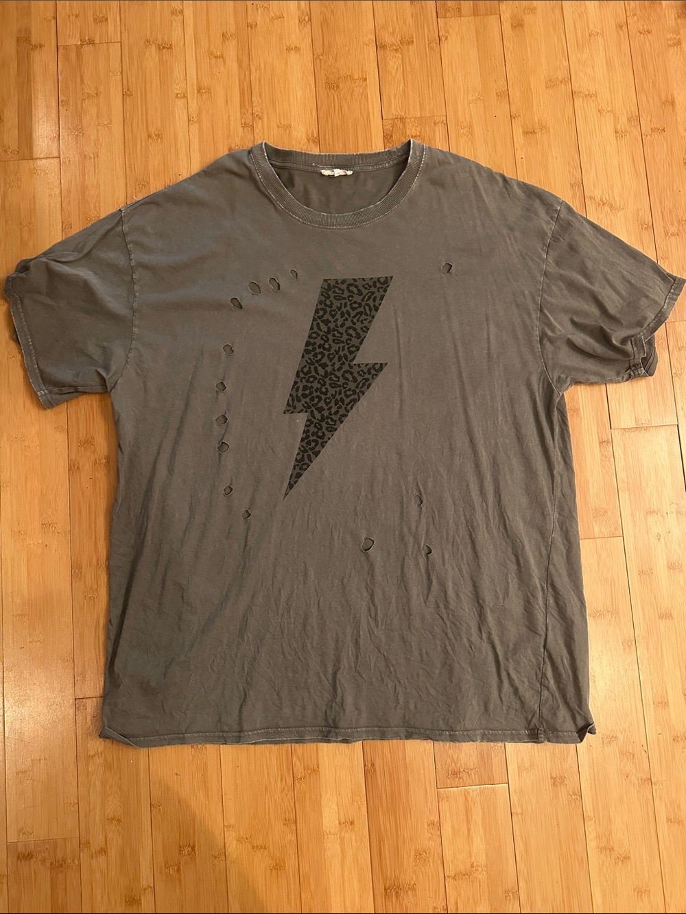 Distressed Gray Graphic Tee with Lightning Bolt